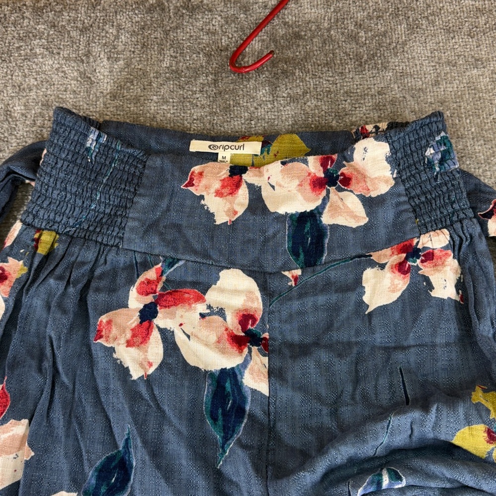 Rip Curl Floral Wide Leg High Rise Culotte Pants Blue Boho Beach Womens M Belted - Picture 5 of 9